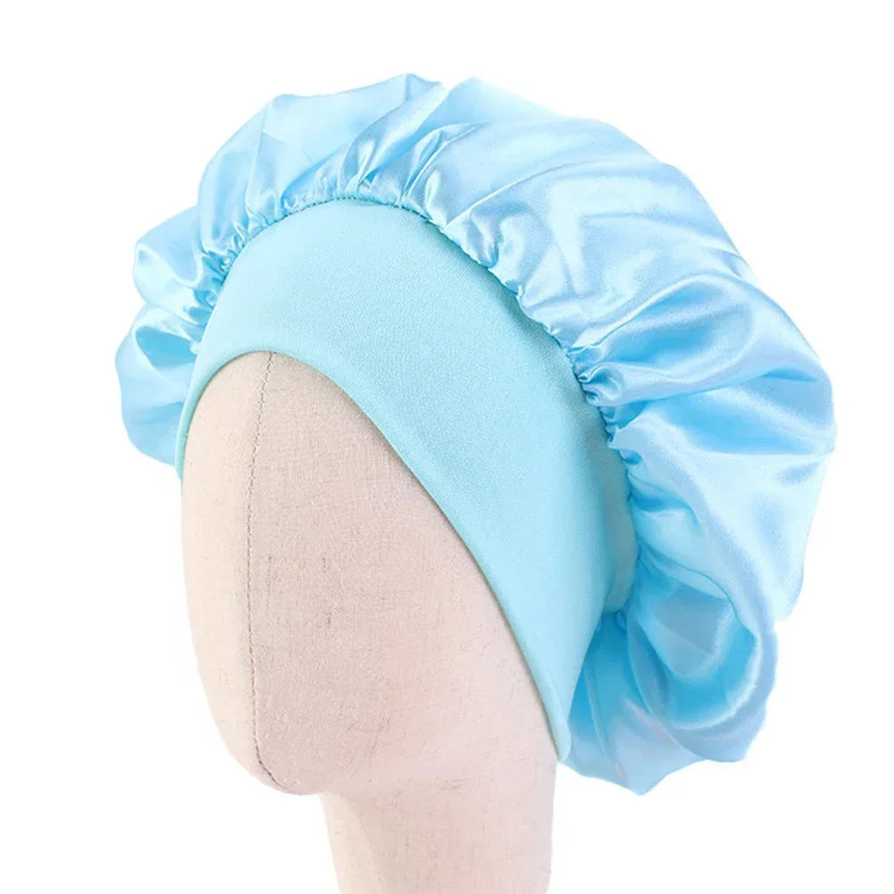 8 Colors Kids Girls Boys Silky Satin Bonnet Cap Turban Hat Wide Elastic Bands Night Sleep Cap