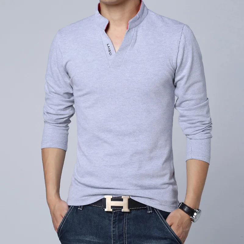 2024 New Fashion Men Cotton Polo Shirt, Leisure Stand Collar Long Sleeve Mens V Neck POLO Shirts, Asian Size Male T-shirt Top