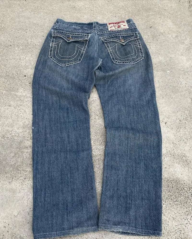 Y2K New Fashion Embroidered Solid Color Jeans Men Street Harajuku Hip Hop Gothic Casual Jeans Couple High Waist Wide Leg Pants