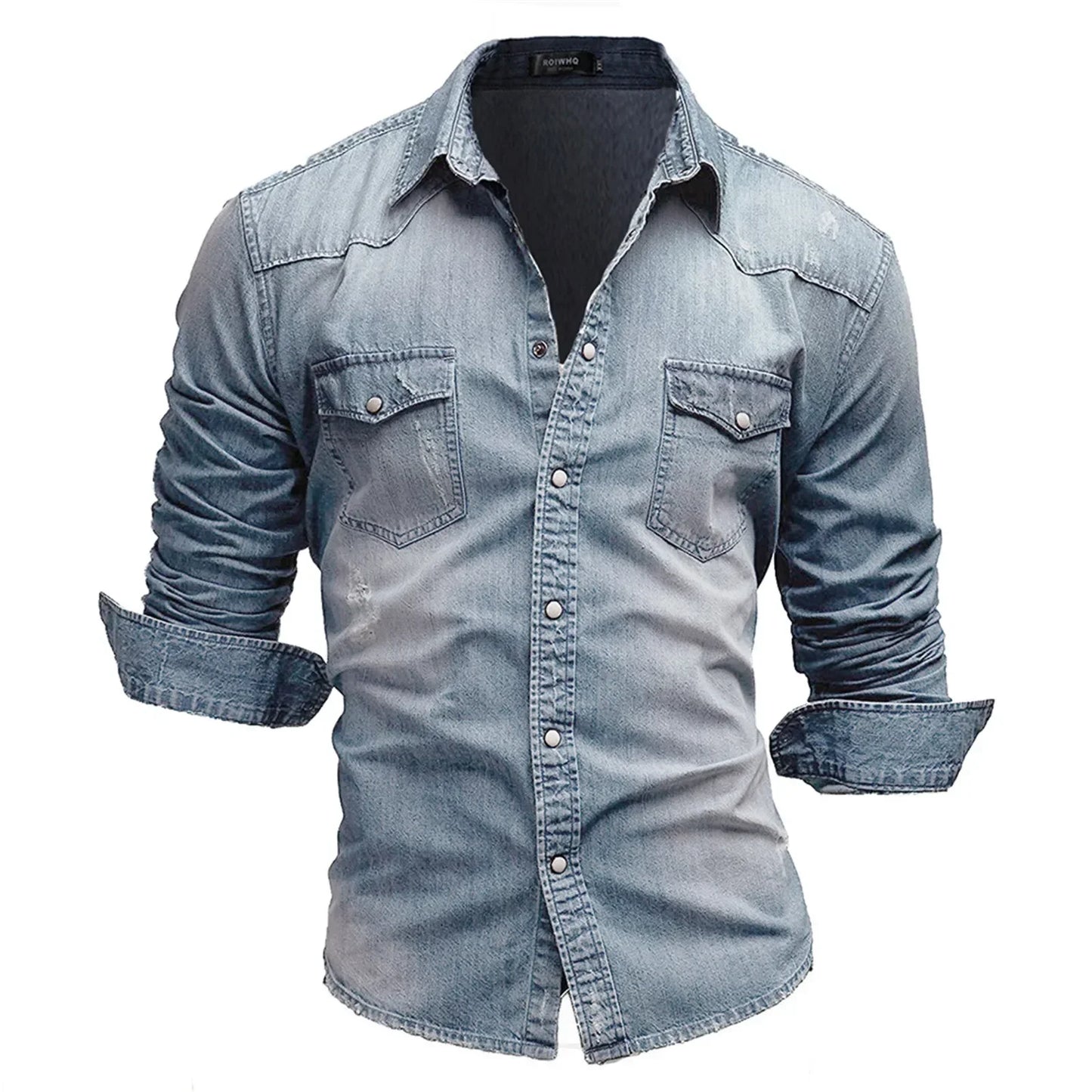 Elastic Cotton Denim Shirt Men Long Sleeve Cowboy Shirts Solid Color Pocket Shirts For Men Casual Slim Fit Jeans Shirts Chemise