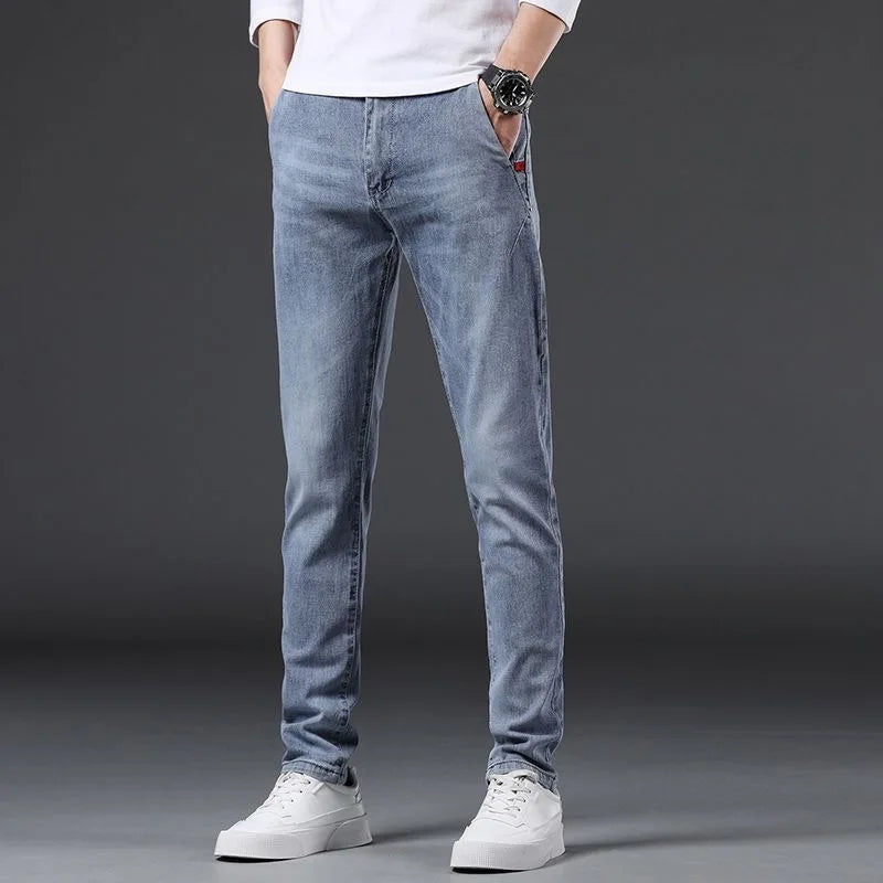 2023 Spring and Autumn New Classic Fashion Solid Color Elastic Jeans Men's Casual Slim Breathable High-Quality Small Feet Pants