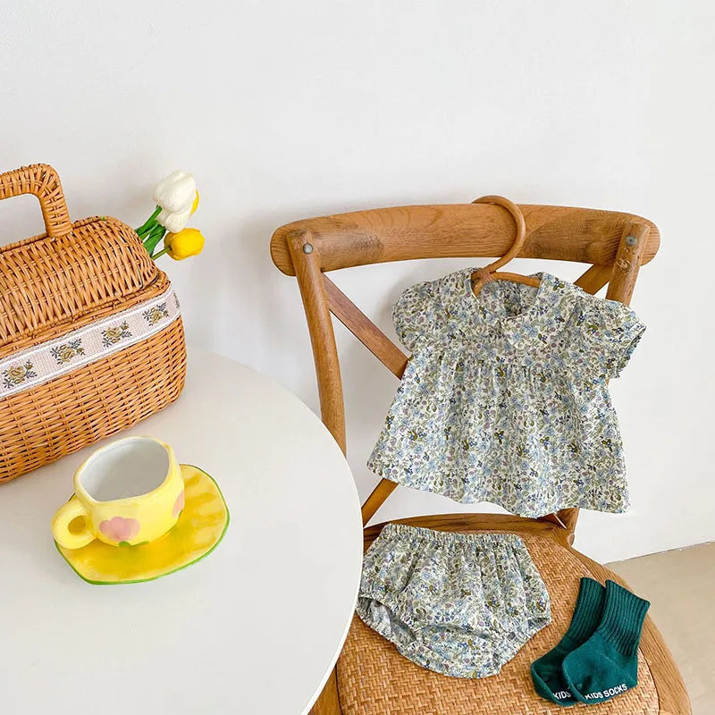 Korean Style Flower Summer 2024 Short Sleeves Tops+PP Shorts Suit Baby Girls Clothes Infant Baby Girls Clothing Suit