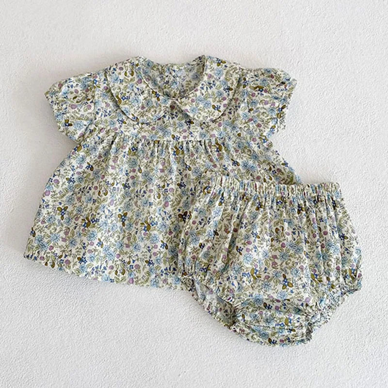 Korean Style Flower Summer 2024 Short Sleeves Tops+PP Shorts Suit Baby Girls Clothes Infant Baby Girls Clothing Suit