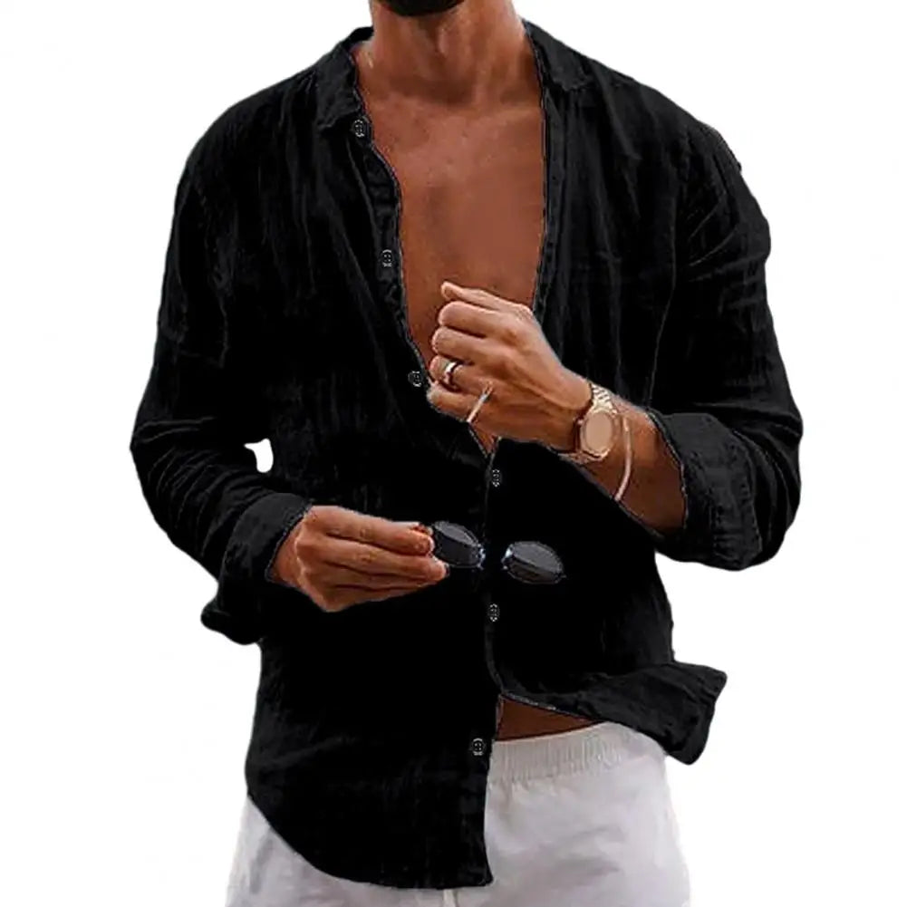 Cotton Linen Men Lapel Long Sleeve Shirt Tops Pleated Thin Solid Color Single Breasted V-neck Casual Shirt Tops Breathable Shirt