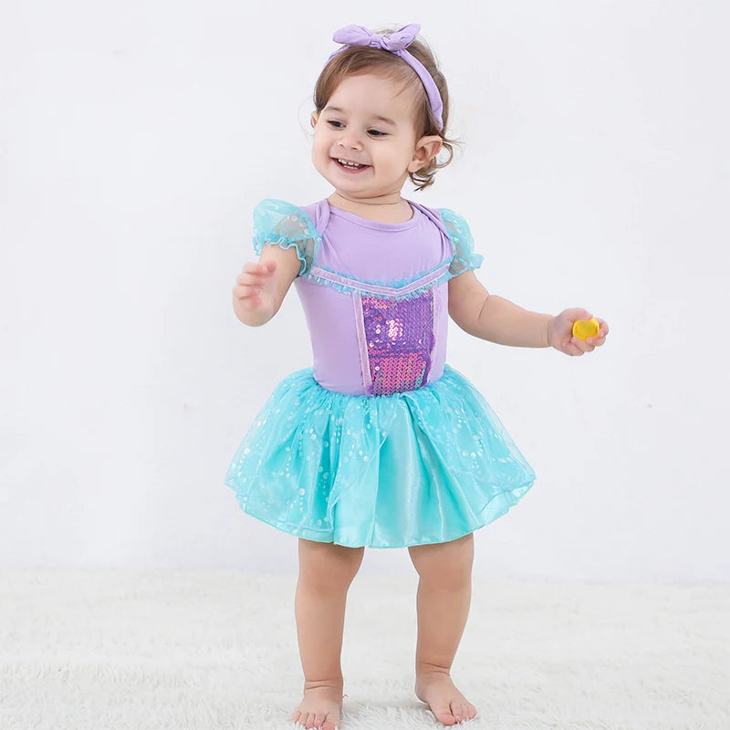 Fancy Fairy Baby Romper Elsa Ariel Belle Rapunzel Princess Costume 1 Year Birthday Tutu Dress Lace Headband Christening Baptism
