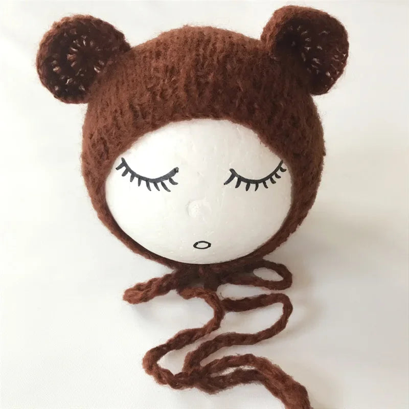 Newborn Mohair Ear Bear Hat Bonnet Baby Infant Photography Props Cap Gorro Bebe Handmade Knitted Hats Photo Accessories