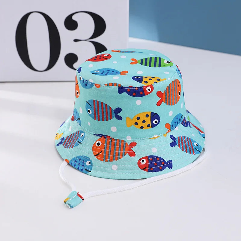 Cute Kids Outdoor Bucket Hats Children Sun Hats with Windproof Rope Cotton Baby Caps for Boys Girls Caps Summer Hat for Kids