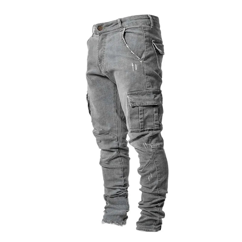 2024 Spring Summer New Men's Clothing Solid Color Stretch Multi-Bag Skinny Pants Slim Slimming Denim Cargo Pants Jeans