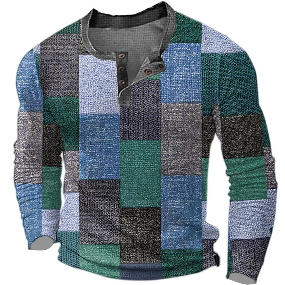 Men's Cotton T Shirt Color Block Graphic Tshirt Print Henley Shirt Oversized Apparel Outdoor Casual Long Sleeve Button Clothing
