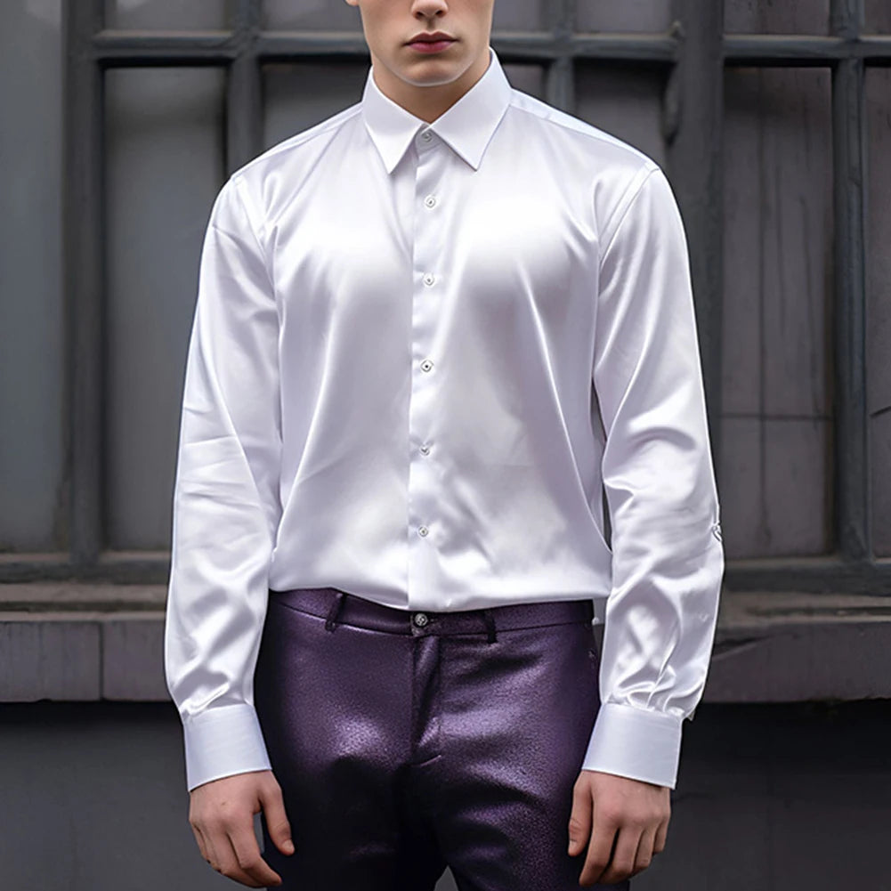 Men's Casual Satin Silk Shirts Single Breasted Button Lapel Collar Dress Shirt Slim Fit Fashion Party Long Sleeve Tops Clothing