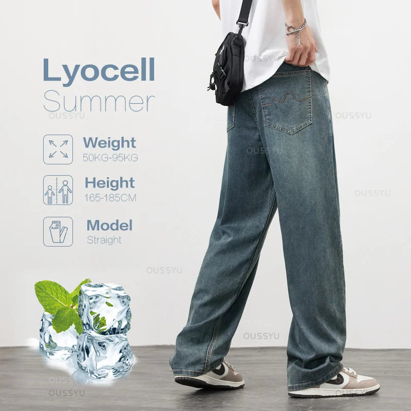 New Upgrade High Quality Soft Lyocell Fabric Jeans Men Summer Thin Loose Wide Leg Casual Pants Blue Retro Style Trousers Male
