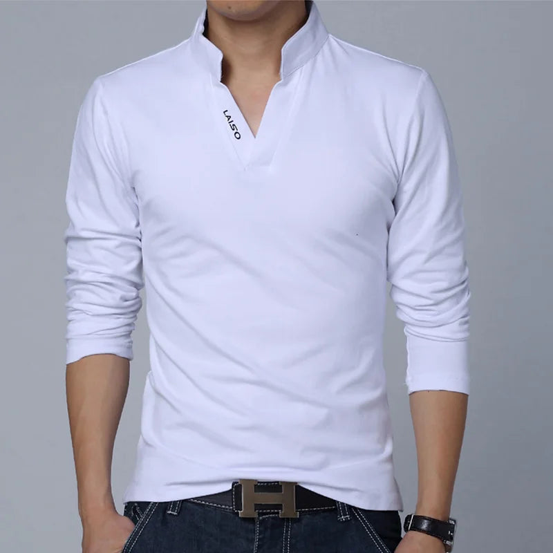 2024 New Fashion Men Cotton Polo Shirt, Leisure Stand Collar Long Sleeve Mens V Neck POLO Shirts, Asian Size Male T-shirt Top
