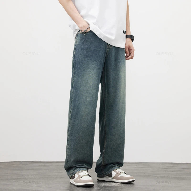New Upgrade High Quality Soft Lyocell Fabric Jeans Men Summer Thin Loose Wide Leg Casual Pants Blue Retro Style Trousers Male
