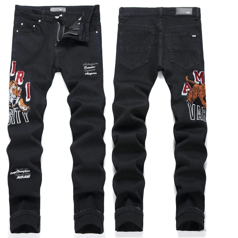 High Street Stretch Embroidery Men’s Jeans Ripped Streetwear Jeans Punk Style Pants for Man Slim Fashion Small Feet Men's Jeans