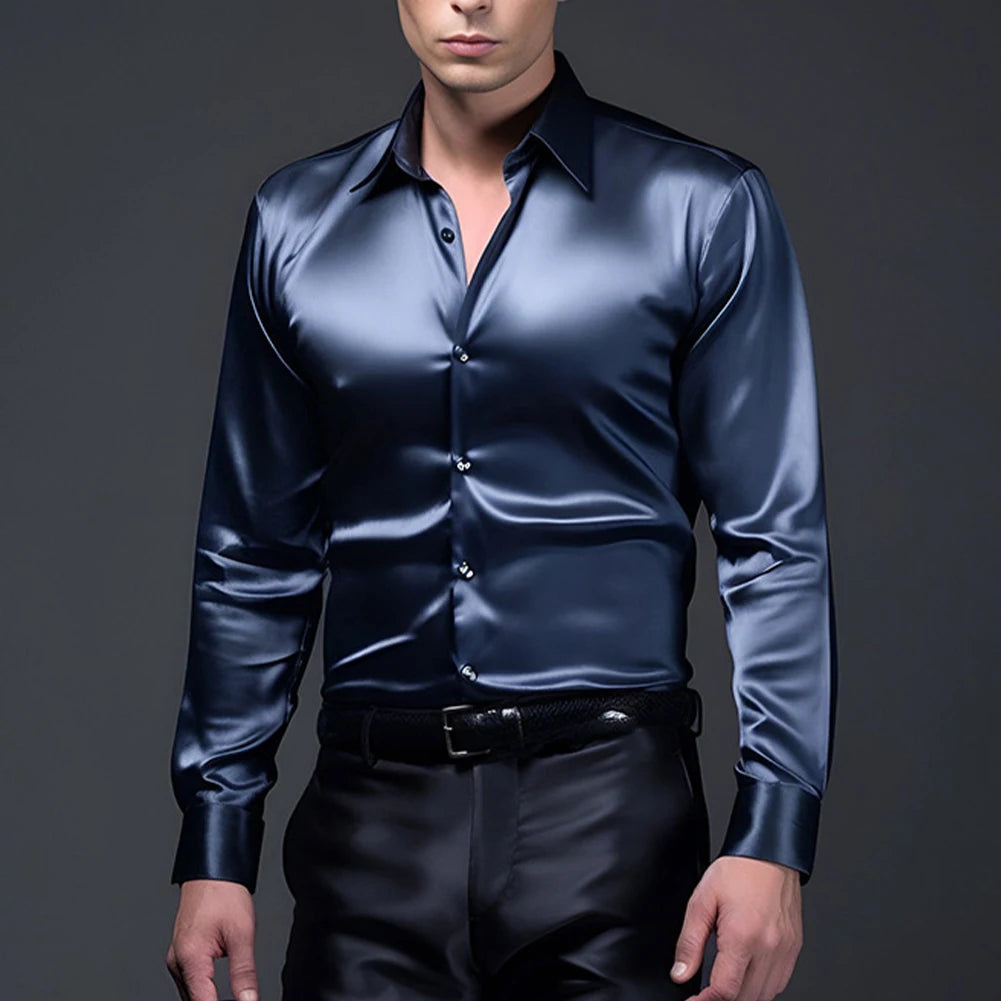 Men's Casual Satin Silk Shirts Single Breasted Button Lapel Collar Dress Shirt Slim Fit Fashion Party Long Sleeve Tops Clothing