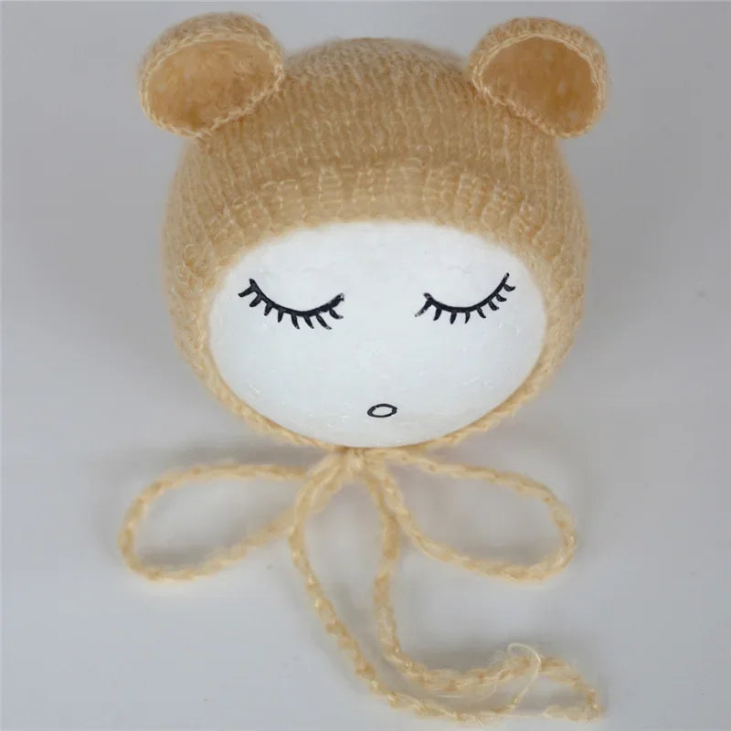 Newborn Mohair Ear Bear Hat Bonnet Baby Infant Photography Props Cap Gorro Bebe Handmade Knitted Hats Photo Accessories