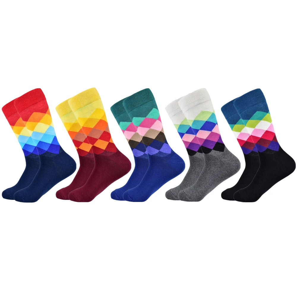 Men Socks Standard Casual Happy Socks High Quality Diamond Pattern Cotton Socks 10 Colors Couple suit Men's plus size socks