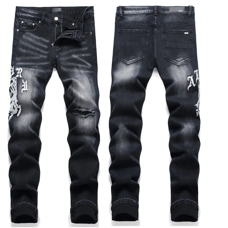 High Street Stretch Embroidery Men’s Jeans Ripped Streetwear Jeans Punk Style Pants for Man Slim Fashion Small Feet Men's Jeans