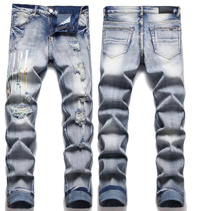 High Street Stretch Embroidery Men’s Jeans Ripped Streetwear Jeans Punk Style Pants for Man Slim Fashion Small Feet Men's Jeans