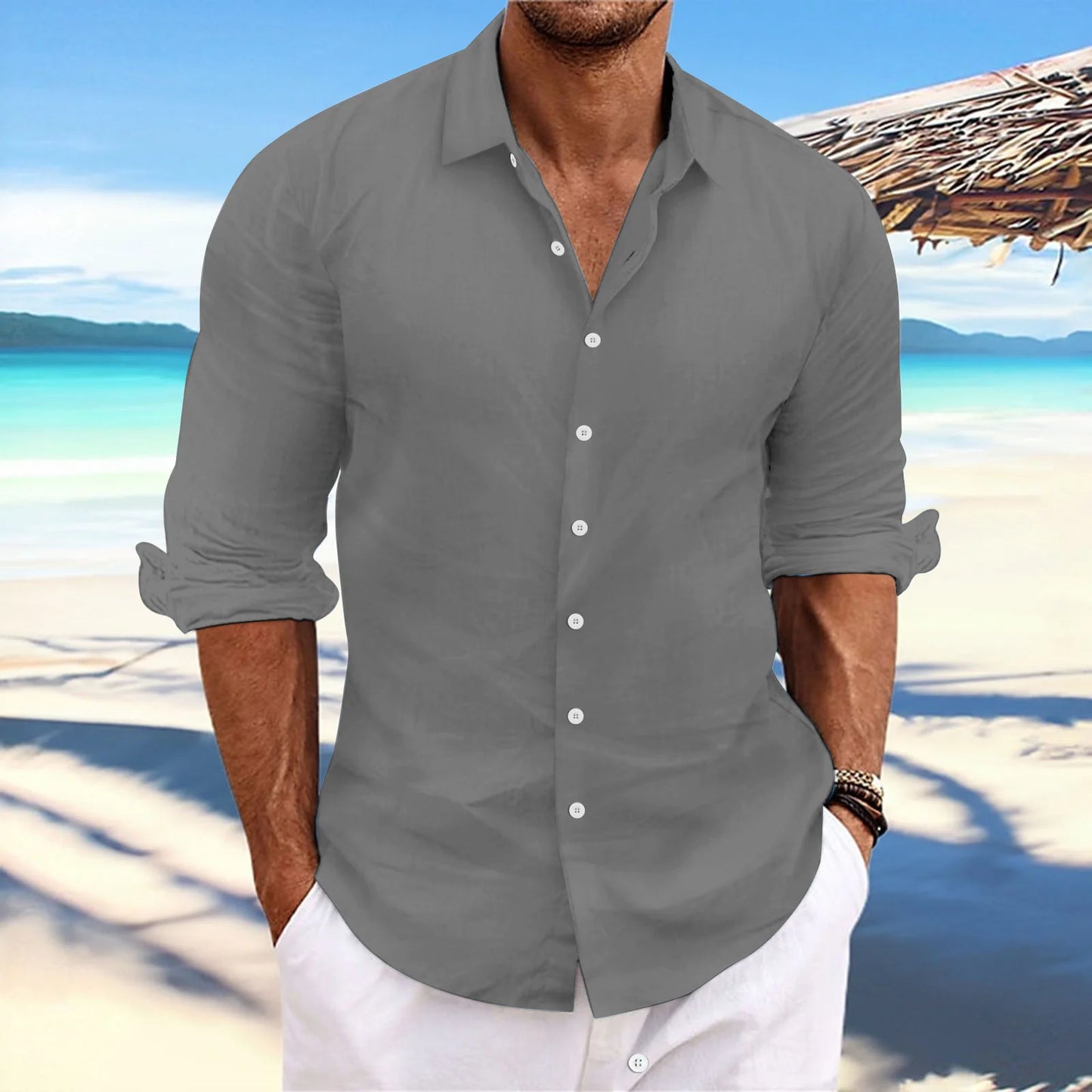 Men's Linen Long-Sleeved Shirts Spring Autumn 100%Cotton Solid Color Turn-down Collar Casual Style Plus