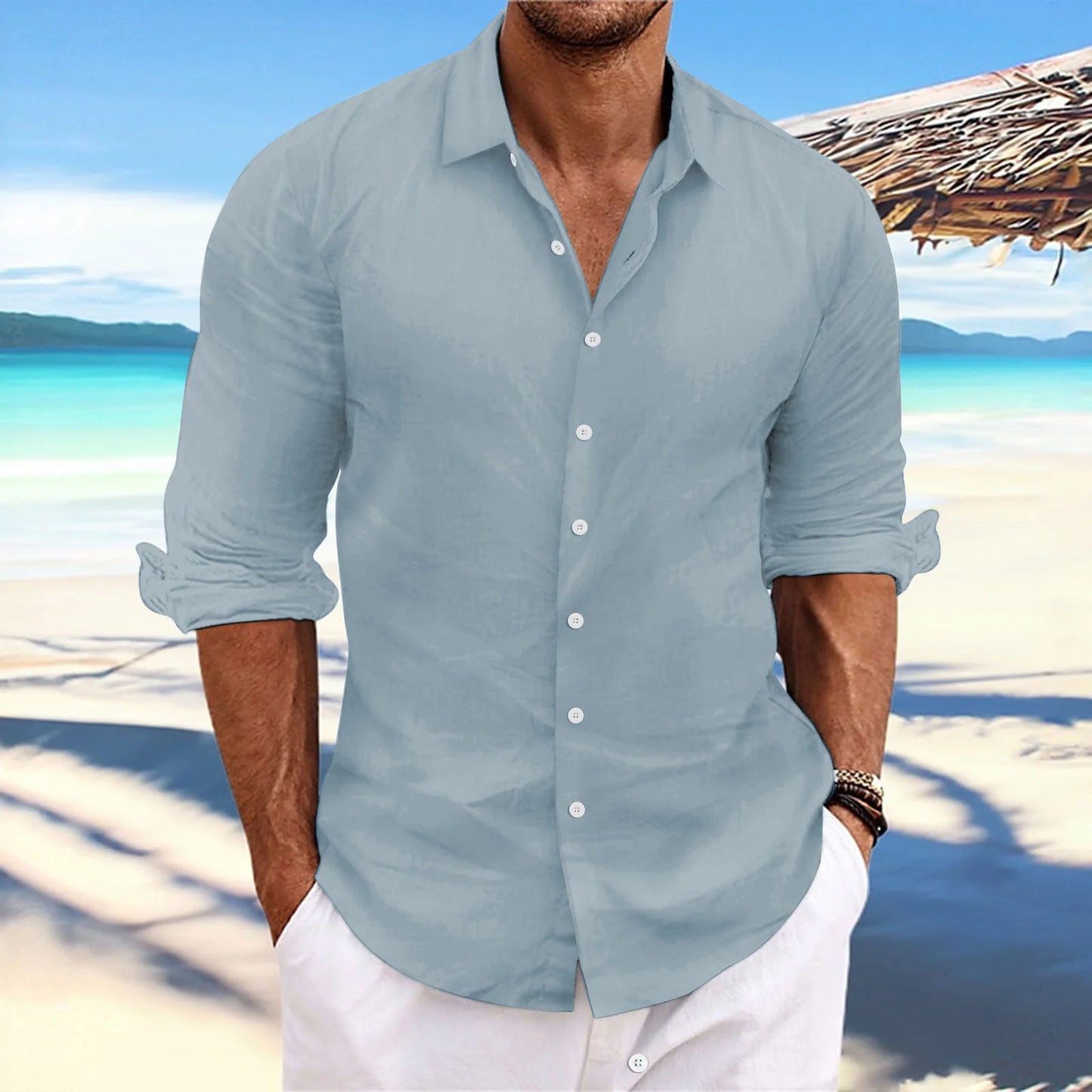 Men's Linen Long-Sleeved Shirts Spring Autumn 100%Cotton Solid Color Turn-down Collar Casual Style Plus