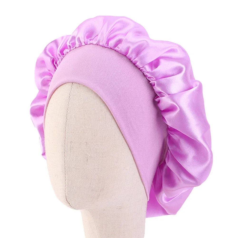 8 Colors Kids Girls Boys Silky Satin Bonnet Cap Turban Hat Wide Elastic Bands Night Sleep Cap