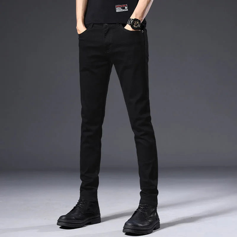 2023 Spring and Autumn New Classic Fashion Solid Color Elastic Jeans Men's Casual Slim Breathable High-Quality Small Feet Pants