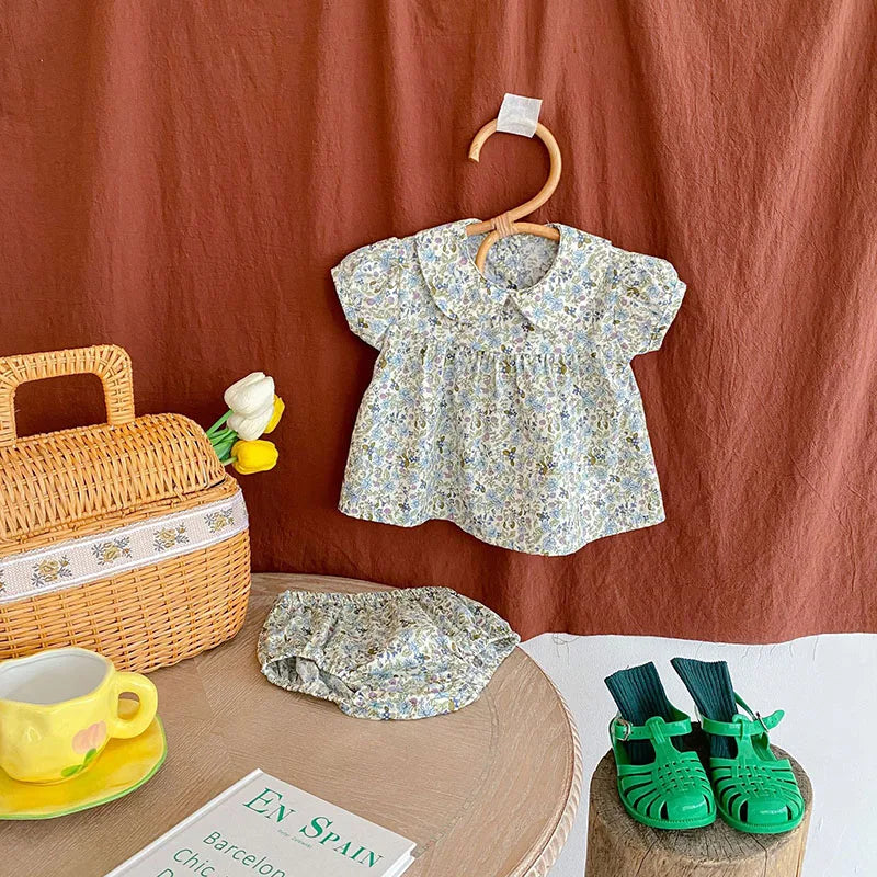 Korean Style Flower Summer 2024 Short Sleeves Tops+PP Shorts Suit Baby Girls Clothes Infant Baby Girls Clothing Suit