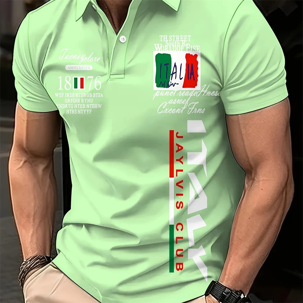 Fashion Men's Polo Shirt Italian Pattern Printed Summer Short Sleeve Casual Tie Button Large Size Men's Clothing Golf T Shirt