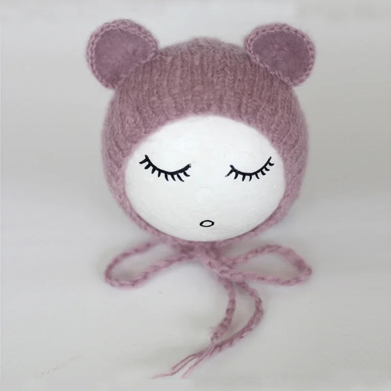 Newborn Mohair Ear Bear Hat Bonnet Baby Infant Photography Props Cap Gorro Bebe Handmade Knitted Hats Photo Accessories