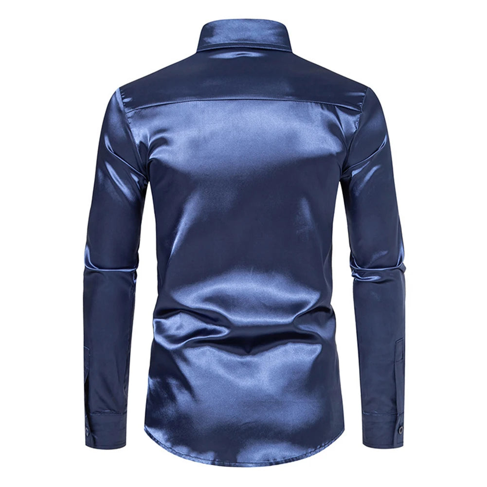 Men's Casual Satin Silk Shirts Single Breasted Button Lapel Collar Dress Shirt Slim Fit Fashion Party Long Sleeve Tops Clothing