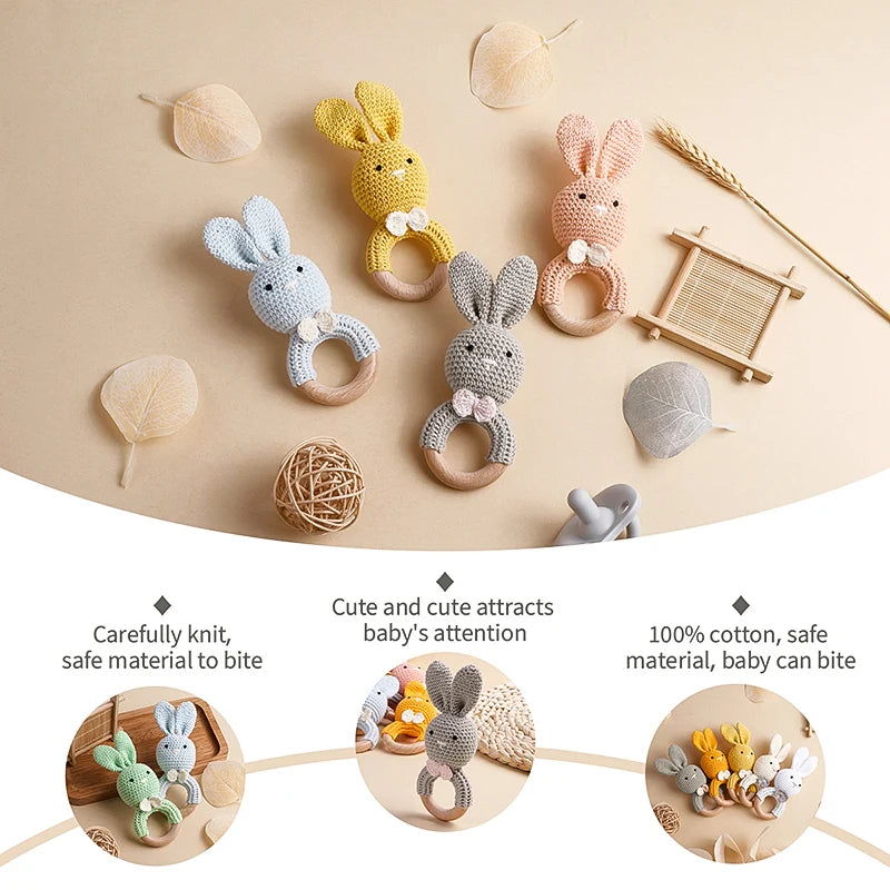 TYRY.HU Baby Small Rabbit Wood Rattle Wooden Teether Mobile Pram Crib Ring DIY Crochet Rattle Soother Bracelet Teether BPA Free