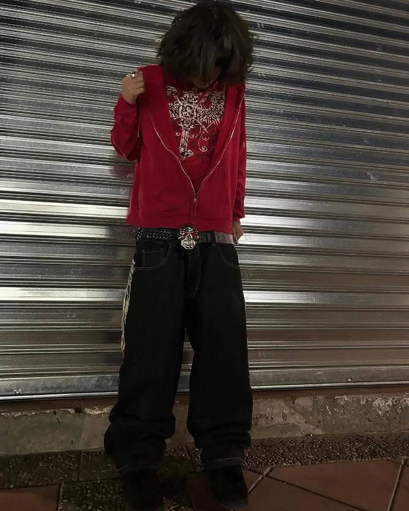 Y2K Harajuku Fashion Letter Embroidery Oversized Printed Baggy Jeans Men Street Retro Casual Gothic High Waist Wide Leg Trousers