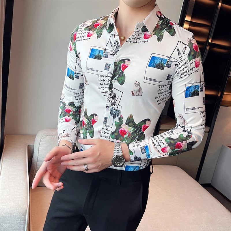 Luxury Long Sleeve Mens Baroque Shirts Dress Autumn Party Prom Wear Slim Fit Male Brand Clothing Striped Print Casual Shirt Men