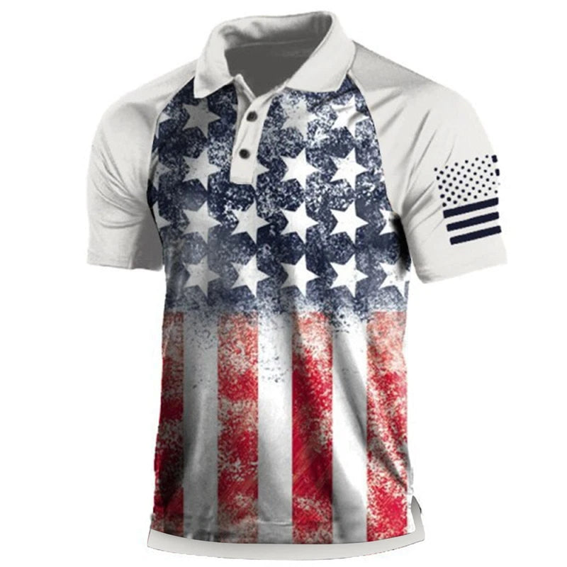 Summer Mens Polo Shirt Causal Fashion Sweatshirt America Flag 3D Printed T Shirt Short Sleeve Homme Vintage Streetwear Loose Top