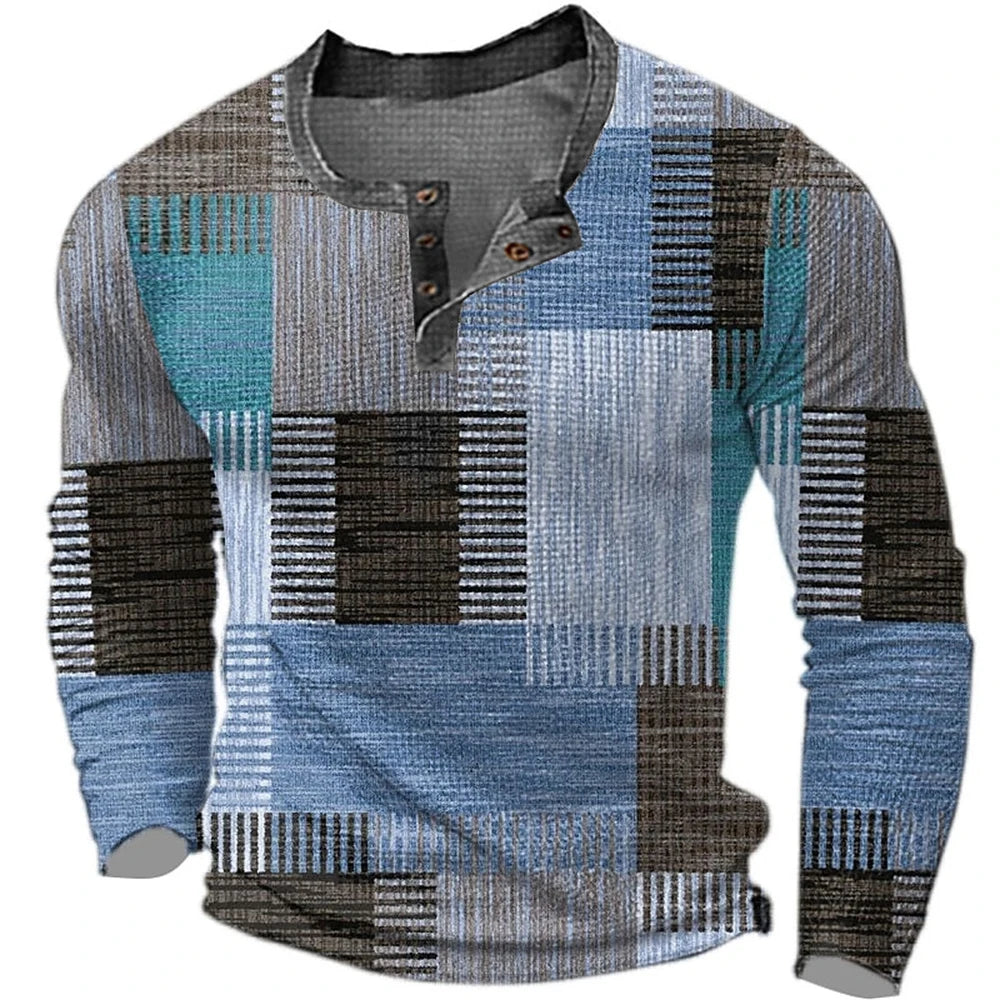 Men's Cotton T Shirt Color Block Graphic Tshirt Print Henley Shirt Oversized Apparel Outdoor Casual Long Sleeve Button Clothing