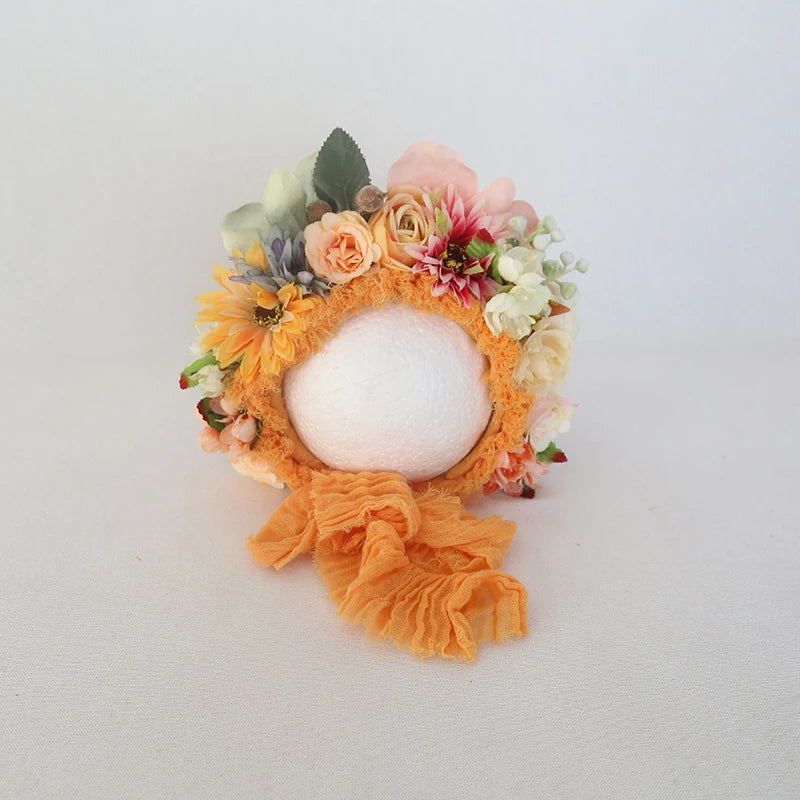 Vintage Newborn Floral Bonnet Baby girl Hat For Photography Knitted Newborn Garden Flower Bonnet For Photo Shoot Props