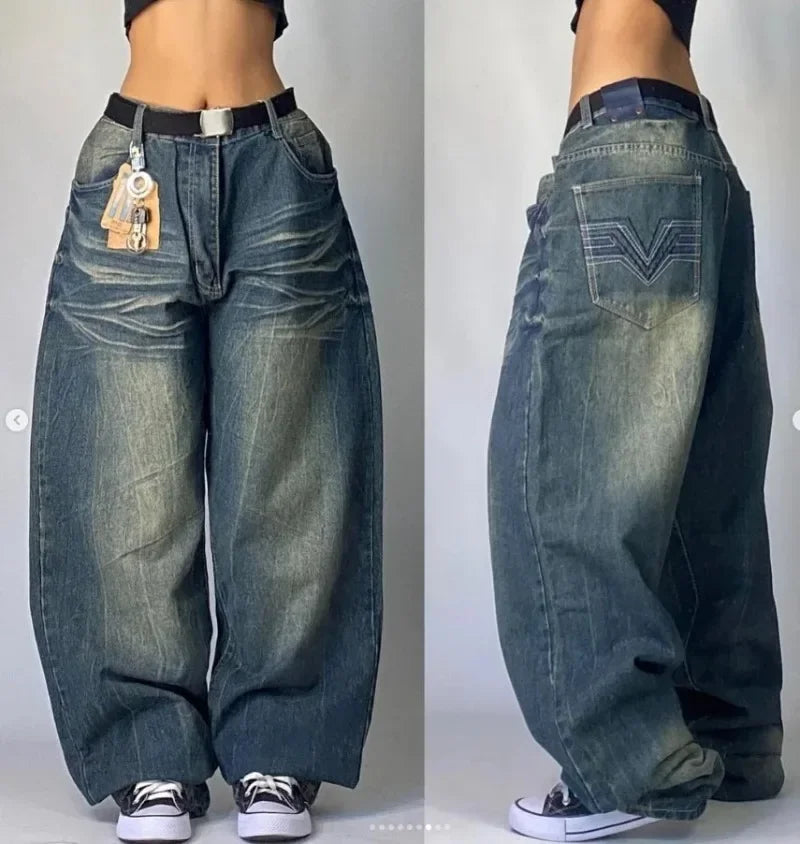Y2K Jeans New Gothic Embroidery Casual Washed Cowboy Pants Men Retro Streetwear Hip Hop Loose Fashion High Waist Straight pants