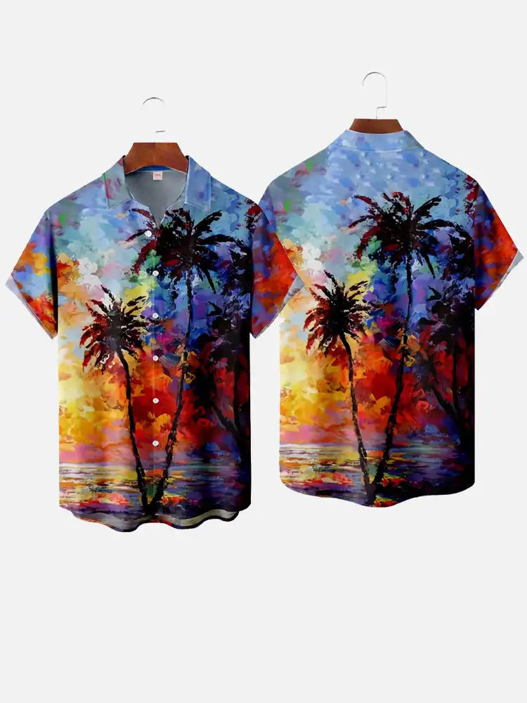 Men's Hawaiian coconut tree pattern shirts Summer beach sunset shirt Men's casual short sleeved shirt Exquisite 3D printed shirt