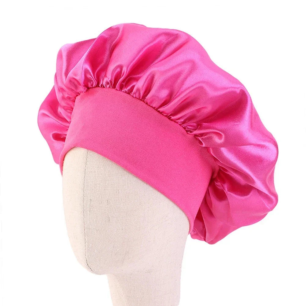 8 Colors Kids Girls Boys Silky Satin Bonnet Cap Turban Hat Wide Elastic Bands Night Sleep Cap