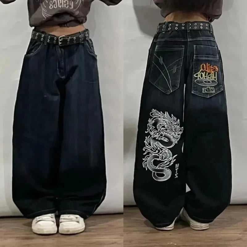 Y2K Harajuku Fashion Letter Embroidery Oversized Printed Baggy Jeans Men Street Retro Casual Gothic High Waist Wide Leg Trousers