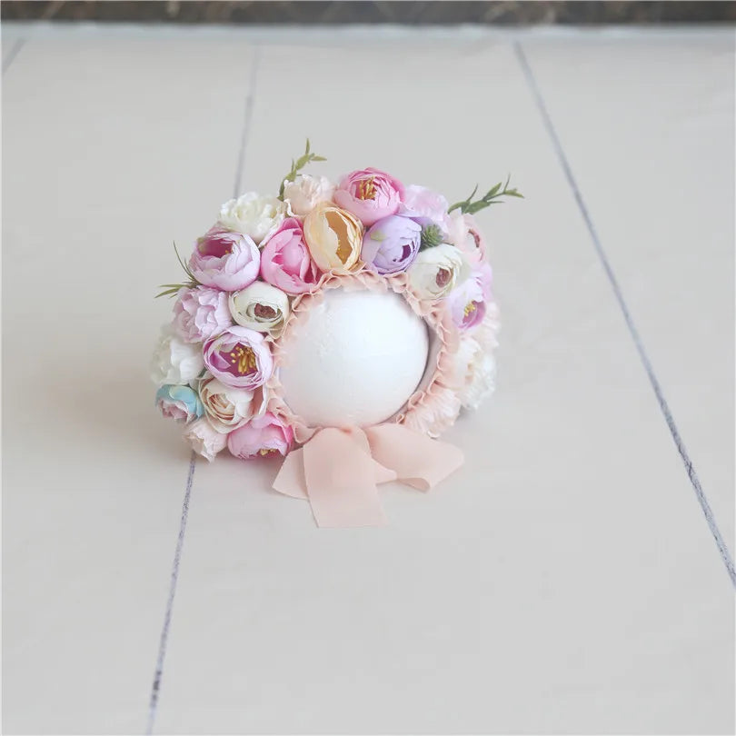 Vintage Newborn Floral Bonnet Baby girl Hat For Photography Knitted Newborn Garden Flower Bonnet For Photo Shoot Props