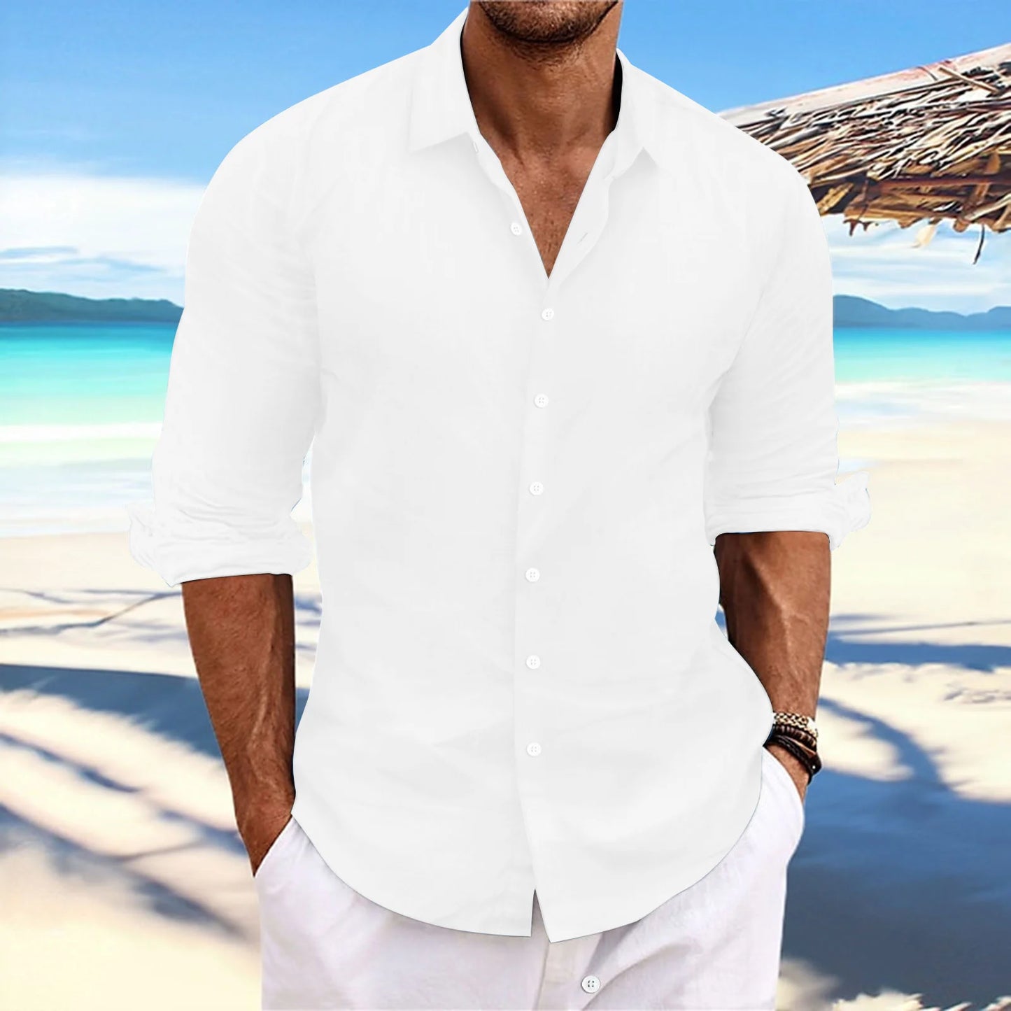 Men's Linen Long-Sleeved Shirts Spring Autumn 100%Cotton Solid Color Turn-down Collar Casual Style Plus