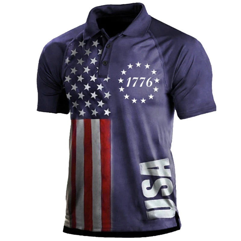 Summer Mens Polo Shirt Causal Fashion Sweatshirt America Flag 3D Printed T Shirt Short Sleeve Homme Vintage Streetwear Loose Top