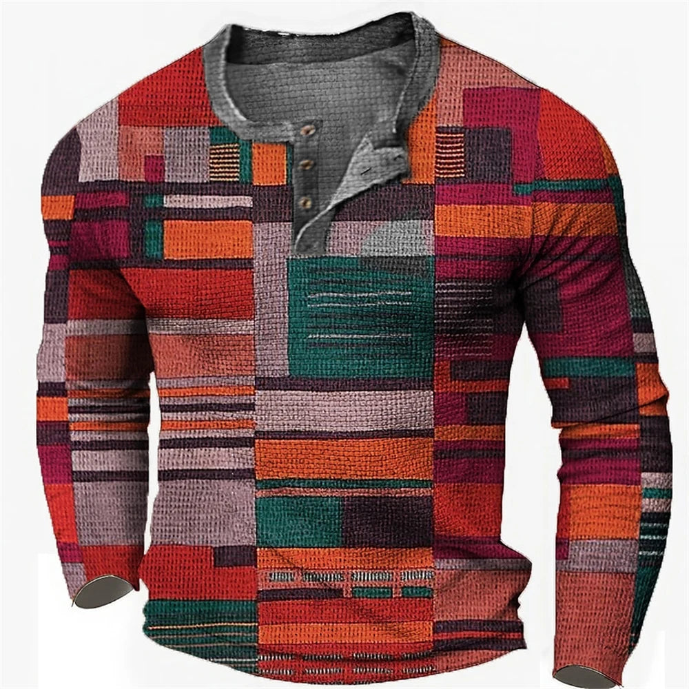 Men's Cotton T Shirt Color Block Graphic Tshirt Print Henley Shirt Oversized Apparel Outdoor Casual Long Sleeve Button Clothing
