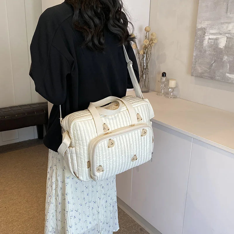 Cute Bear Flower Embroidery Pattern Baby Beige Cotton Fabric Zipper Diaper Handbag New Luggage Bag