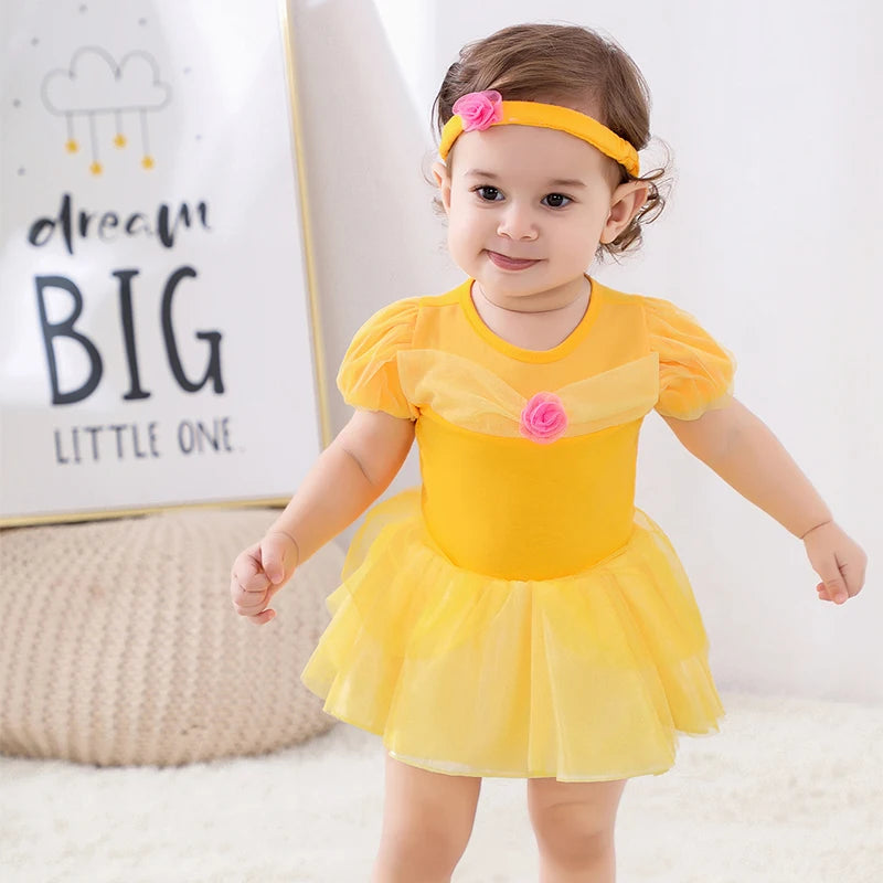 Fancy Fairy Baby Romper Elsa Ariel Belle Rapunzel Princess Costume 1 Year Birthday Tutu Dress Lace Headband Christening Baptism