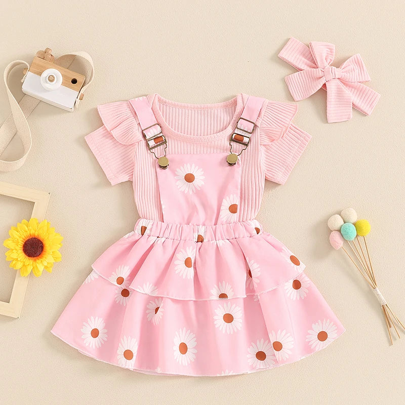 Toddler Baby Girl Outfit Short Sleeve Ribbed Romper Tops Summer Jumpsuit Daisy Suspender Dress with Headband Children Outerwear