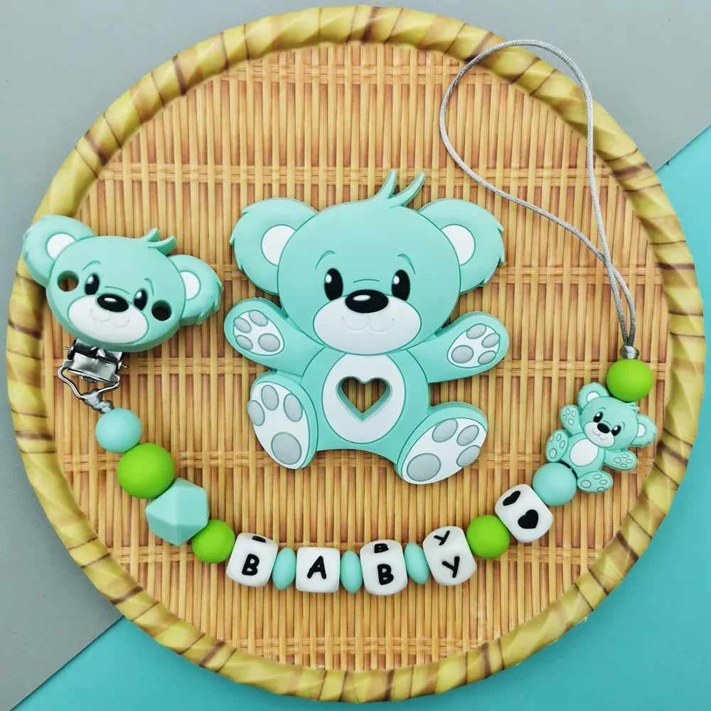 Custom English Russian Silicone Letter Name Baby Bear Silicone Beads Pendant Pacifier Clips Chains Teether Baby Kawaii Toy Gifts