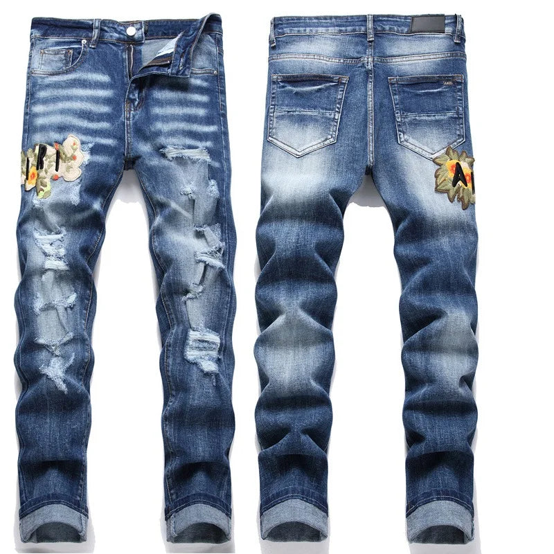 High Street Stretch Embroidery Men’s Jeans Ripped Streetwear Jeans Punk Style Pants for Man Slim Fashion Small Feet Men's Jeans